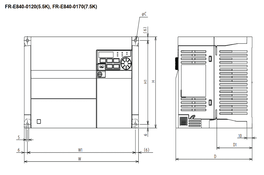Kích thước biến tần FR-E820-15K-1
